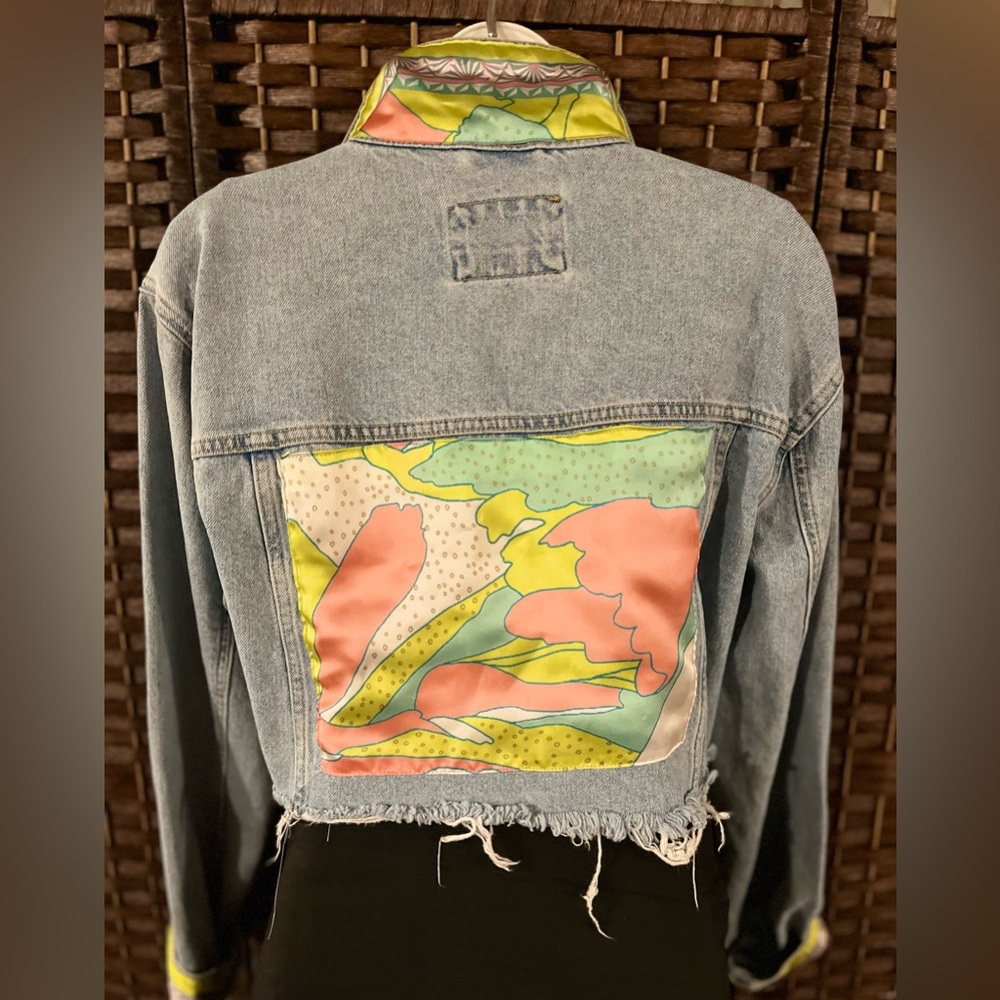 Forever 21 cropped denim jacket embellished with a beautiful silk scarf.